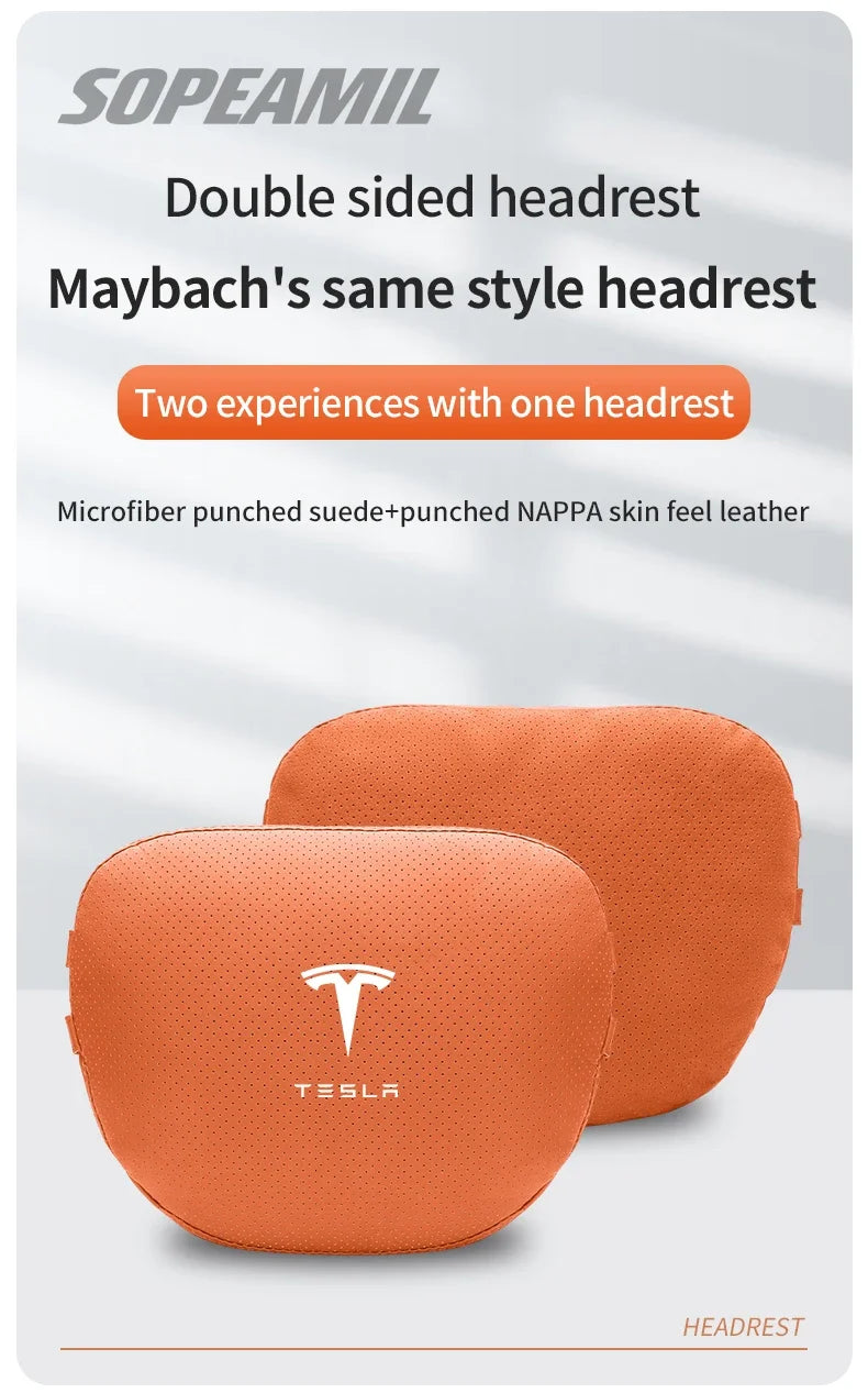 Car Double-Sided Suede Leather Headrest Neck Support Pillow Seat Waist Cushion Tesla Cybertruck Model 3 Model Y Model S Model X