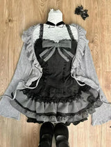 Sweet Lolita Early Autumn Three Piece Set Lace up Ruffles Cardigan Sexy Slim Fit Strapless Vest Tops High Waist Ruched Skirts