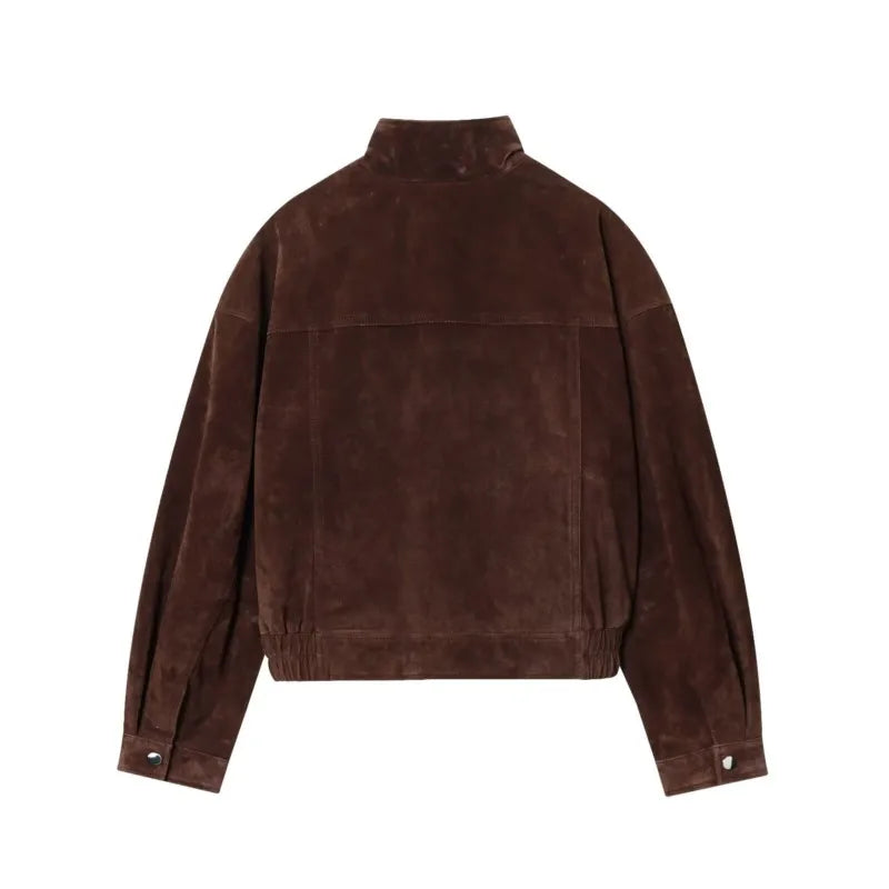 Women Suede Leather Jacket with Pockets Autumn Fashion High Collar Long Sleeve Button Jacket Lady Coats Causal Female Chic Tops