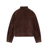 Women Suede Leather Jacket with Pockets Autumn Fashion High Collar Long Sleeve Button Jacket Lady Coats Causal Female Chic Tops