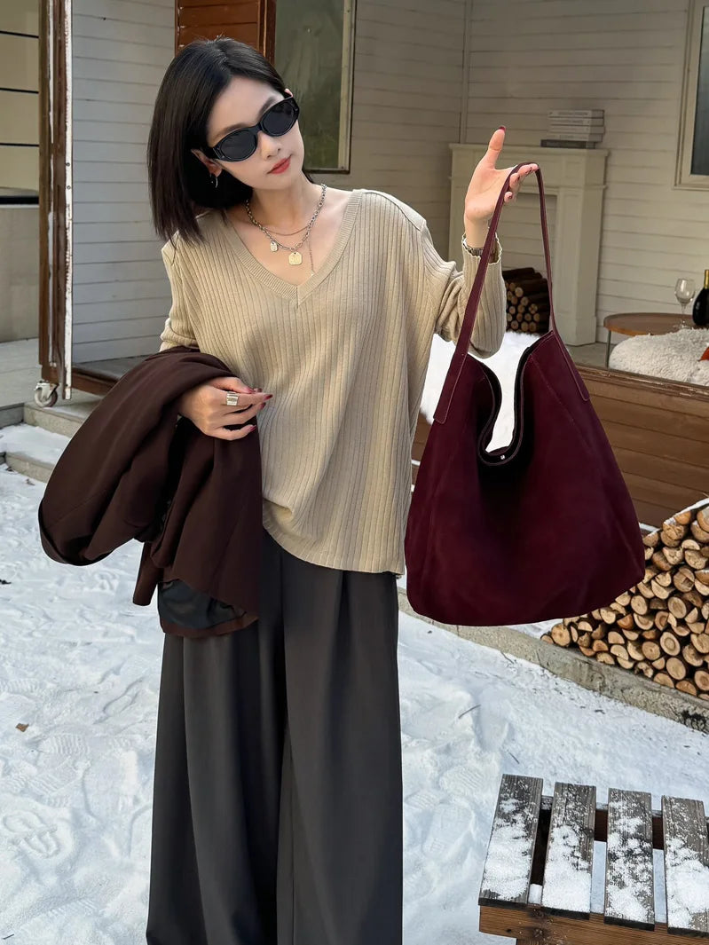 Frosted Suede Tote Bag – Large Capacity Shoulder Bag