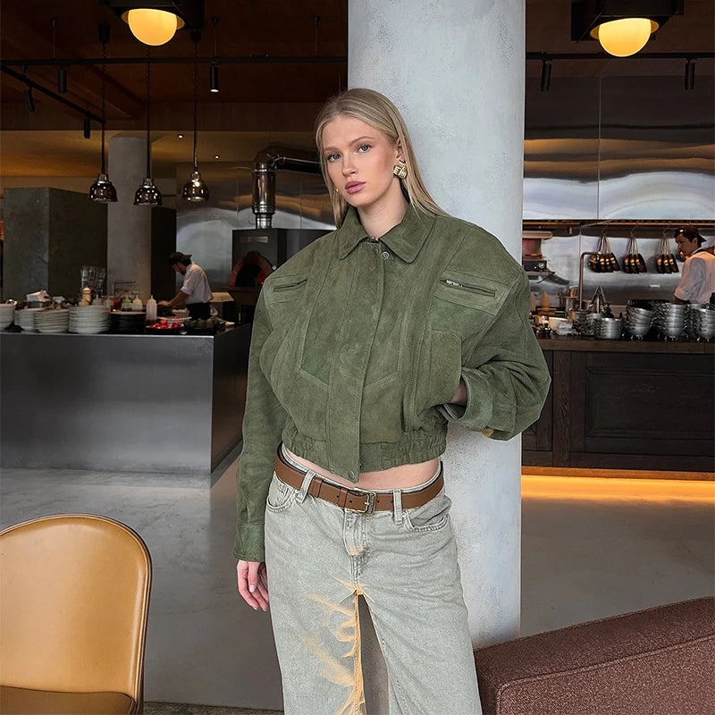 Vintage Suede Jacket For Women Long Sleeve Pocket Turn-down Collar Zipper Short Coat 2025 Autumn Winter Streetwear Lady Outwears