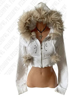 Y2K Spicy Girl Style Plush Hooded Short Zipper Sweatshirt Studded White Cropped Zip Hoodies Personality Sweet Cool Zipper Coat