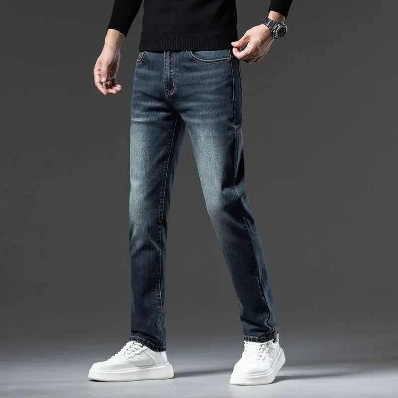 High Quality Brown Winter Jeans Men's Thickened Velvet Warm Elastic Straight Denim Pants Fashion Vintage Korean Plush Trousers