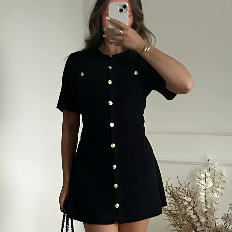 Elegant White Ribbed Knit Mini Dress | Metal Button Autumn