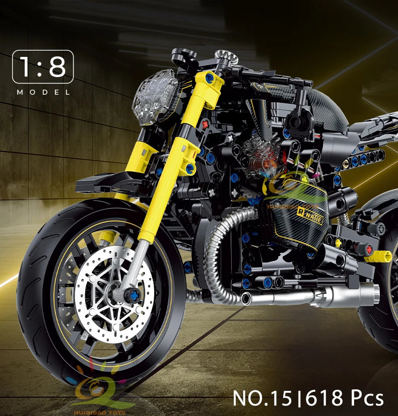 HUIQIBAO 1:8 Classic Motorbike Building Blocks High-tech Model Moto City Racer Bricks Toy for Kid Boy Children Adult MOC Car Set