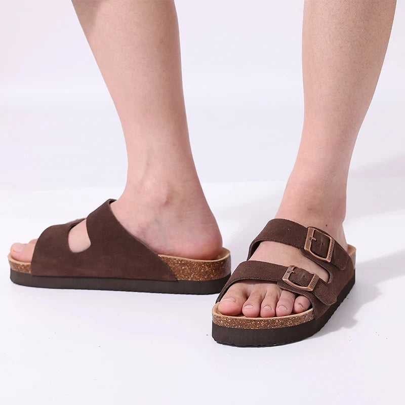 Comwarm Men's Cork Footbed Slides Sandals Arch Support Summer Outdoor Sandals with Adjustable Buckle Leisure Men Leather Slides