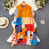 Miyake Pleated Drape Dress – Colorblock Print, 3/4 Sleeve