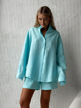 Bornladies Women's Cotton Casual Shorts Set Solid Color Lapel Long Sleeve Shirt Elastic Waist Shorts Outfit Daily Vacation Wear