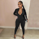 Sleek Deep-V Zip-Front Bodycon Romper – Athletic Fitness Jumpsuit