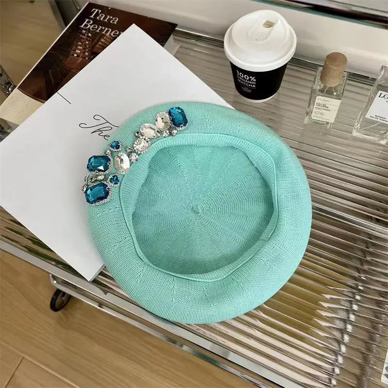INS Summer rhinestone beret women's new fashion versatile hat thin breathable painter hat handmade rhinestones versatile pumpkin