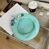INS Summer rhinestone beret women's new fashion versatile hat thin breathable painter hat handmade rhinestones versatile pumpkin