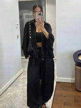 LGRQ Women's Casual Two-piece Set Fashion Lapel Long Sleeved Cardigan Jacket Elastic Waistband Tied Pants 2026 Summer 19DB1008