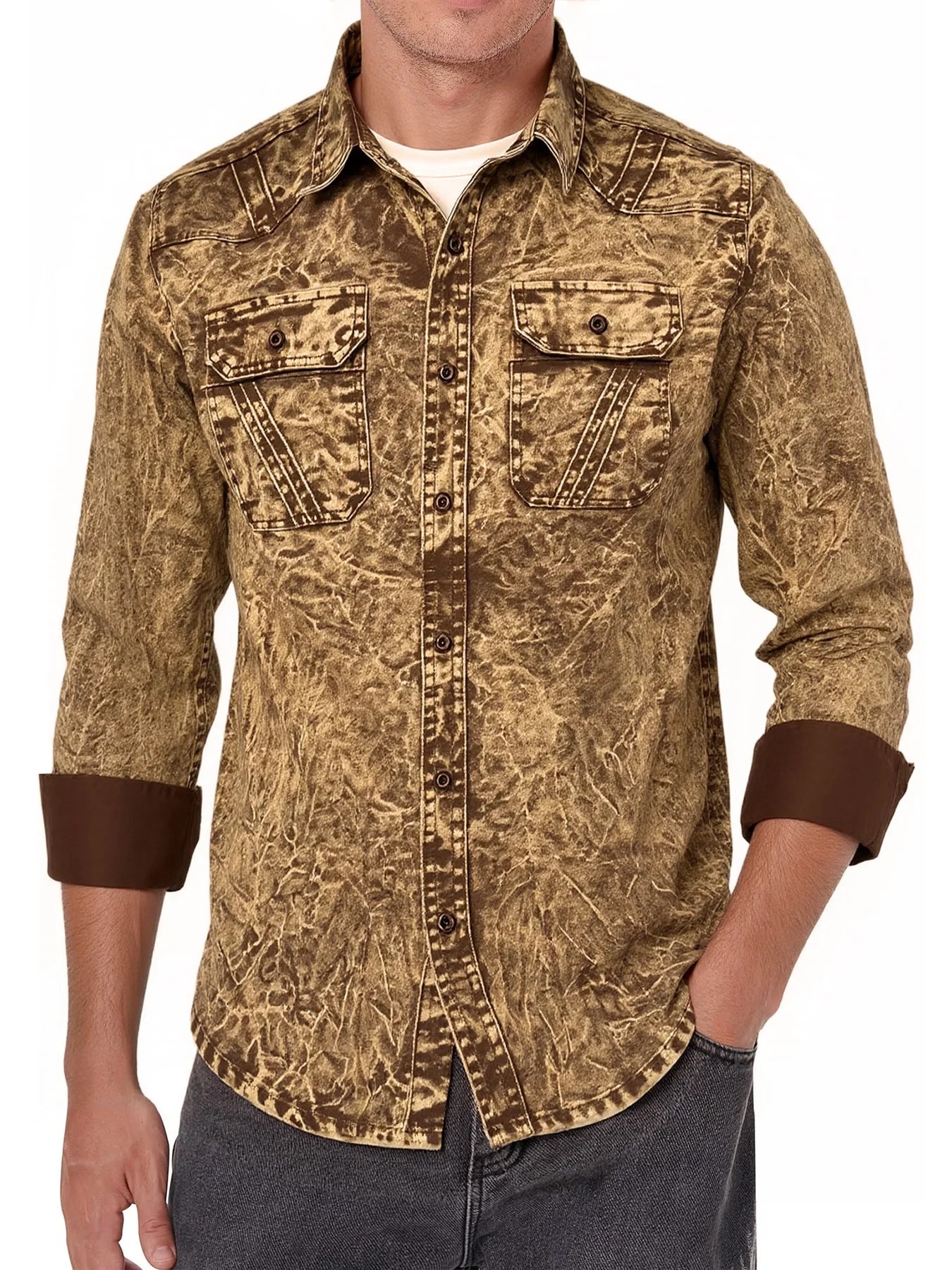 Men's retro denim shirt, long-sleeved, fashionable new style, casual coat, high-end sense, double pockets, washed denim shirt, l