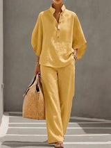 Fashion Cotton Linen  Pant Set  Women's Casual Stand Collar Button Top Wide Leg Trousers 2-piece Set Retro Female Office Suit