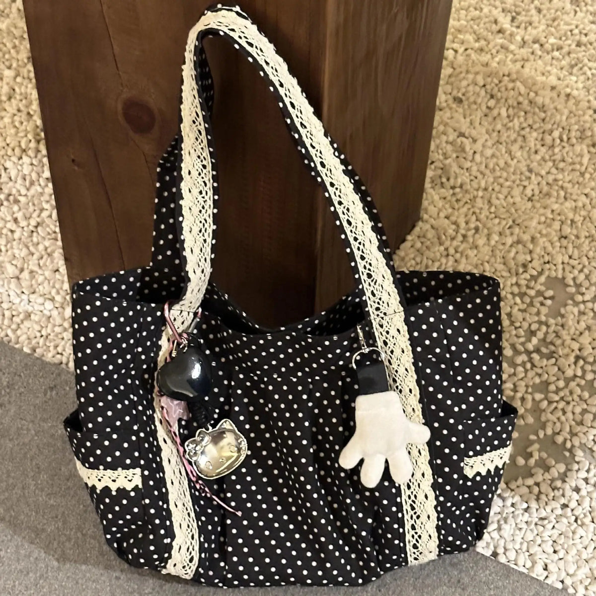 Women Niche Sweet Lace Shoulder Bag Korean Style Vintage Polka Dot Canvas Handbag Large Capacity Multi Pocket Commuting Tote Bag