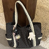 Women Niche Sweet Lace Shoulder Bag Korean Style Vintage Polka Dot Canvas Handbag Large Capacity Multi Pocket Commuting Tote Bag