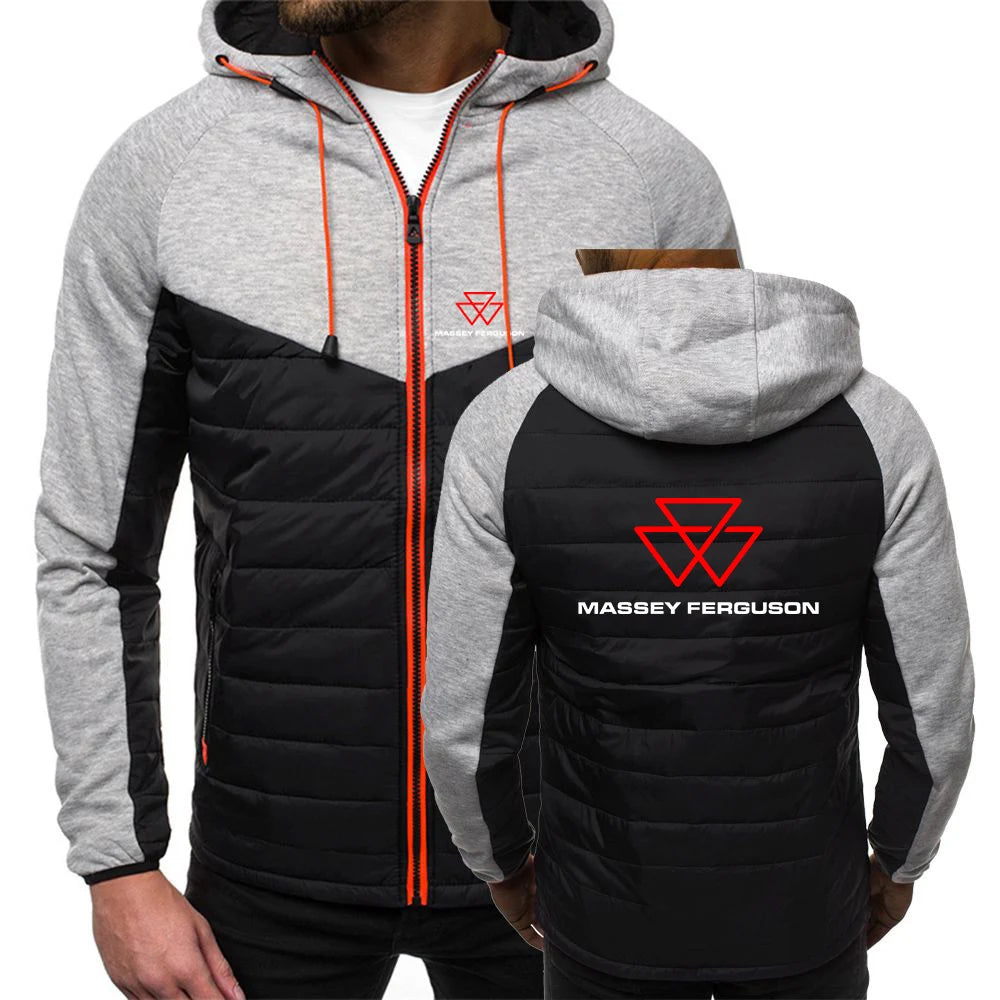 Massey Ferguson 2024 Men Printing New Autumn Warm Patchwork Hip Hop Seven-color Cotton-padded Jacket Hooded Tops