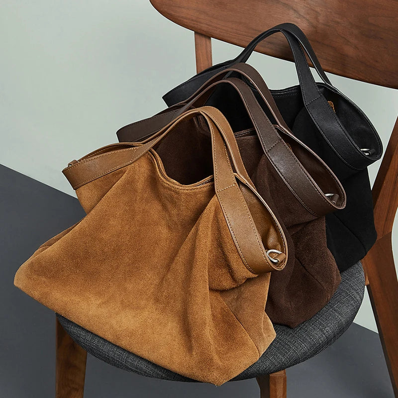 Women's Large Capacity Tote Bag 2025 New Vintage Suede Leather Spacious Crossbody Bag Commuting Versatile Trendy Premium Handbag