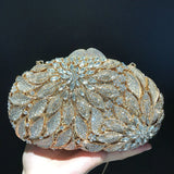 Gold Metal Leaves White Crystals Evening Clutch Bags Luxury Women Wedding Party Purse Ball Handbags Rhinestone Mini Shell Bag