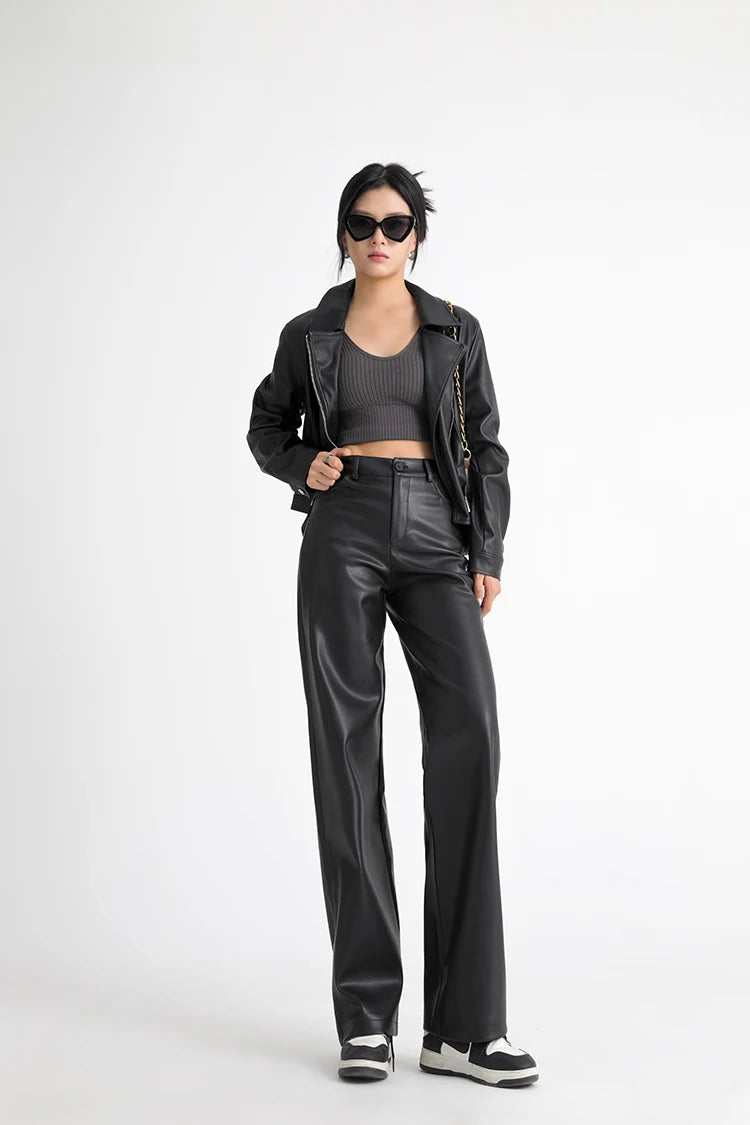 Women's High Waist Faux Leather Wide Leg Fleece Pants