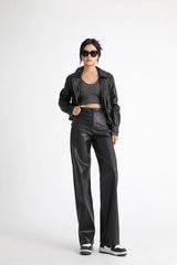 Women's High Waist Faux Leather Wide Leg Fleece Pants