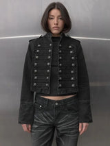 Y2K Retro Hussars Jacket Stand Collar Double Breasted Button Cropped Jacket Napoleon Old Money BLK Denim Jacket Women Boxy Coat