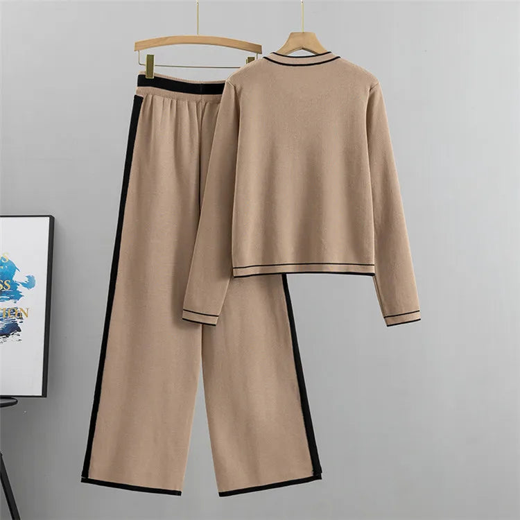 Autumn Women’s Elegant 2-Piece Pleated Set – Knit Bowknot Top & Wide Leg Pants
