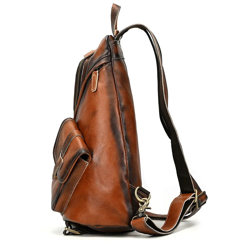 Single Shoulder Bagpack Genuine Leather Chest Bag Outdoor Riding Bag Chest Packs For Biker Men Male Sling Bags Cow Leather
