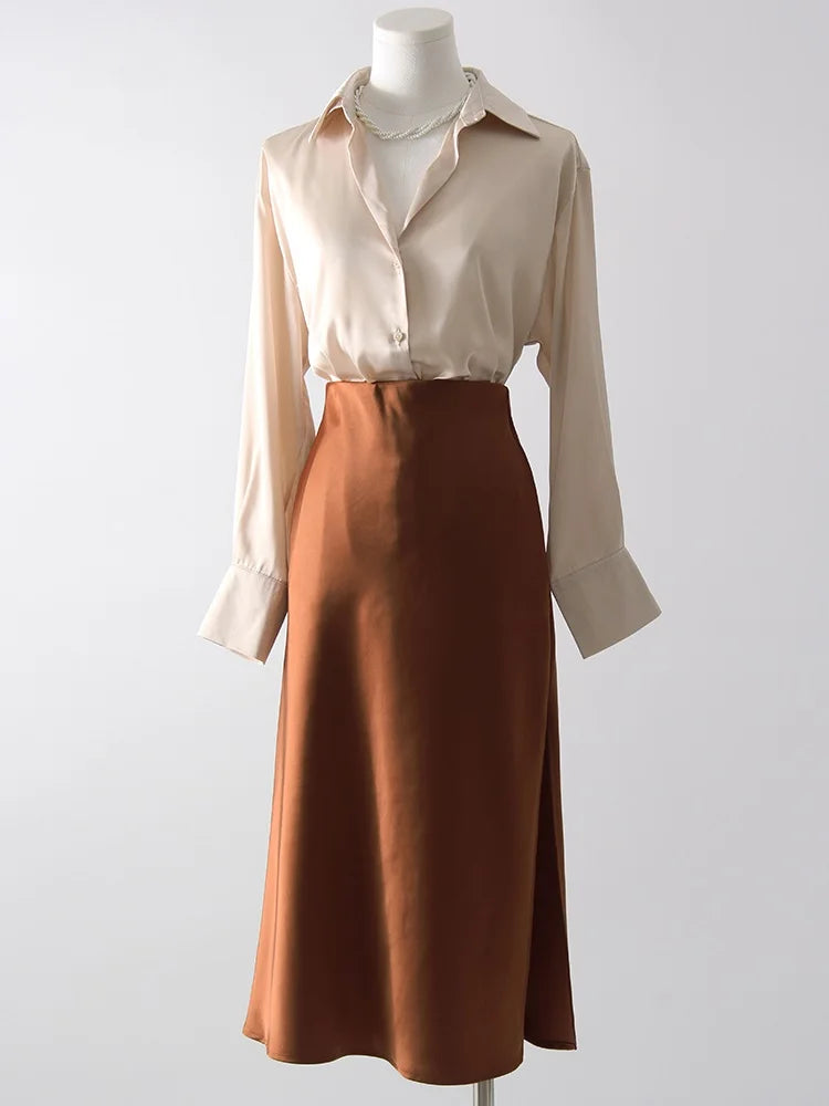 Women's Satin Midi Skirt – Elegant A-Line with Slit