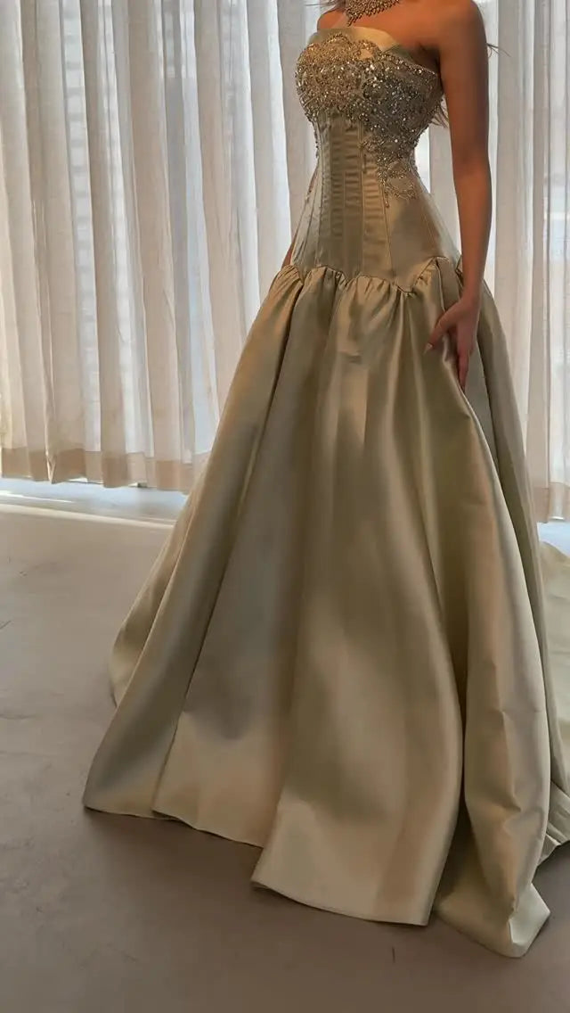 Champagne Gold Strapless Mermaid Evening Gown – Beaded Corset