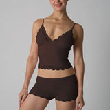 Europe American Simple Pink Light Thin Lace Strap Tank Top Flat Corner Lace Underwear for Women Comfortable Stretchy Short Sets