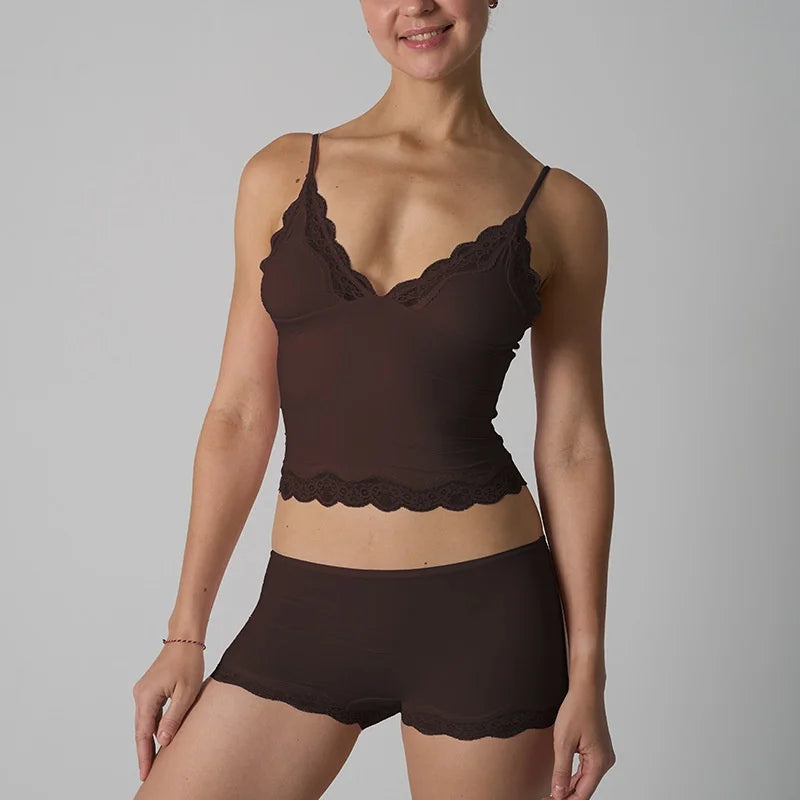Europe American Simple Pink Light Thin Lace Strap Tank Top Flat Corner Lace Underwear for Women Comfortable Stretchy Short Sets