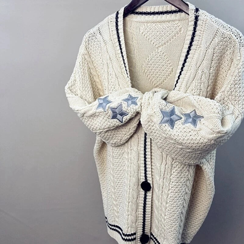 Chic Vintage Star Print Knit Cardigan - V-Neck Aesthetic Preppy Sweater