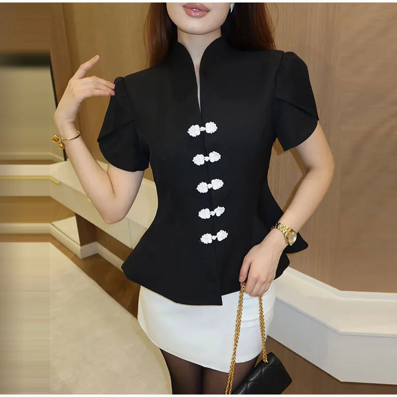 2026 Spring Summer Short Puff Sleeve Frog Button Shirt For Women Stand Collar  Single Breasted Blouse Lady Chic Street Party Top