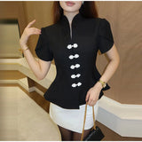 2026 Spring Summer Short Puff Sleeve Frog Button Shirt For Women Stand Collar  Single Breasted Blouse Lady Chic Street Party Top