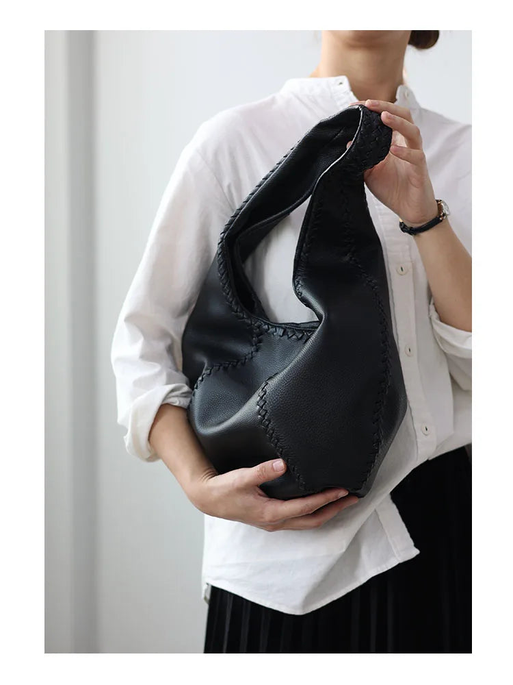 JAZZQ Soft Cowhide Leather Hobo Tote | Hand-Woven Detail