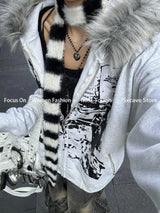 Korean Fashion Sweatshirts Harajuku Gothic Printed Coats Jackets Subculture Vintage Faux Fur Hooded Women Casual Y2k Clothing