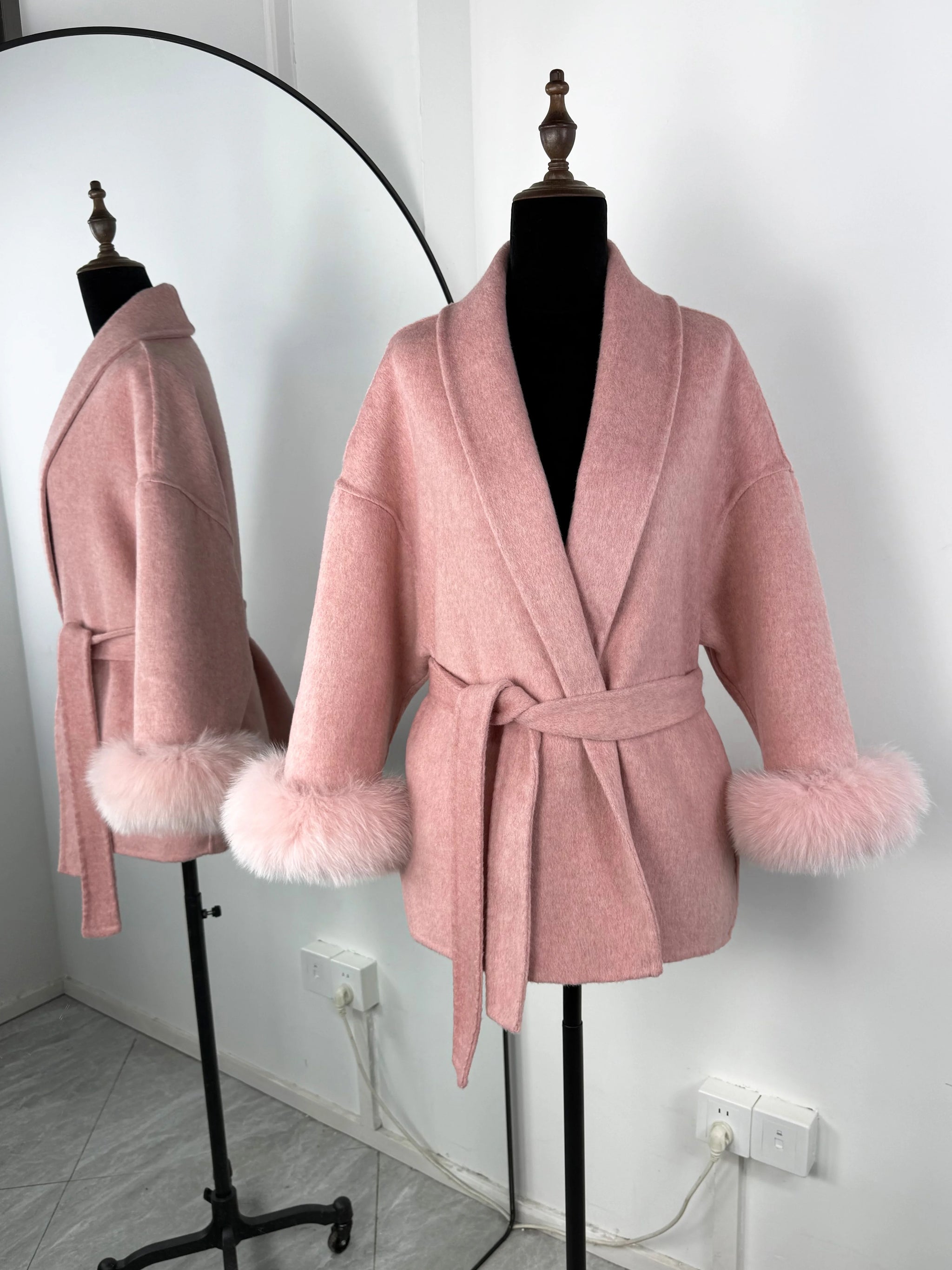 Elegant Fox Fur & Double-Sided Wool Coat