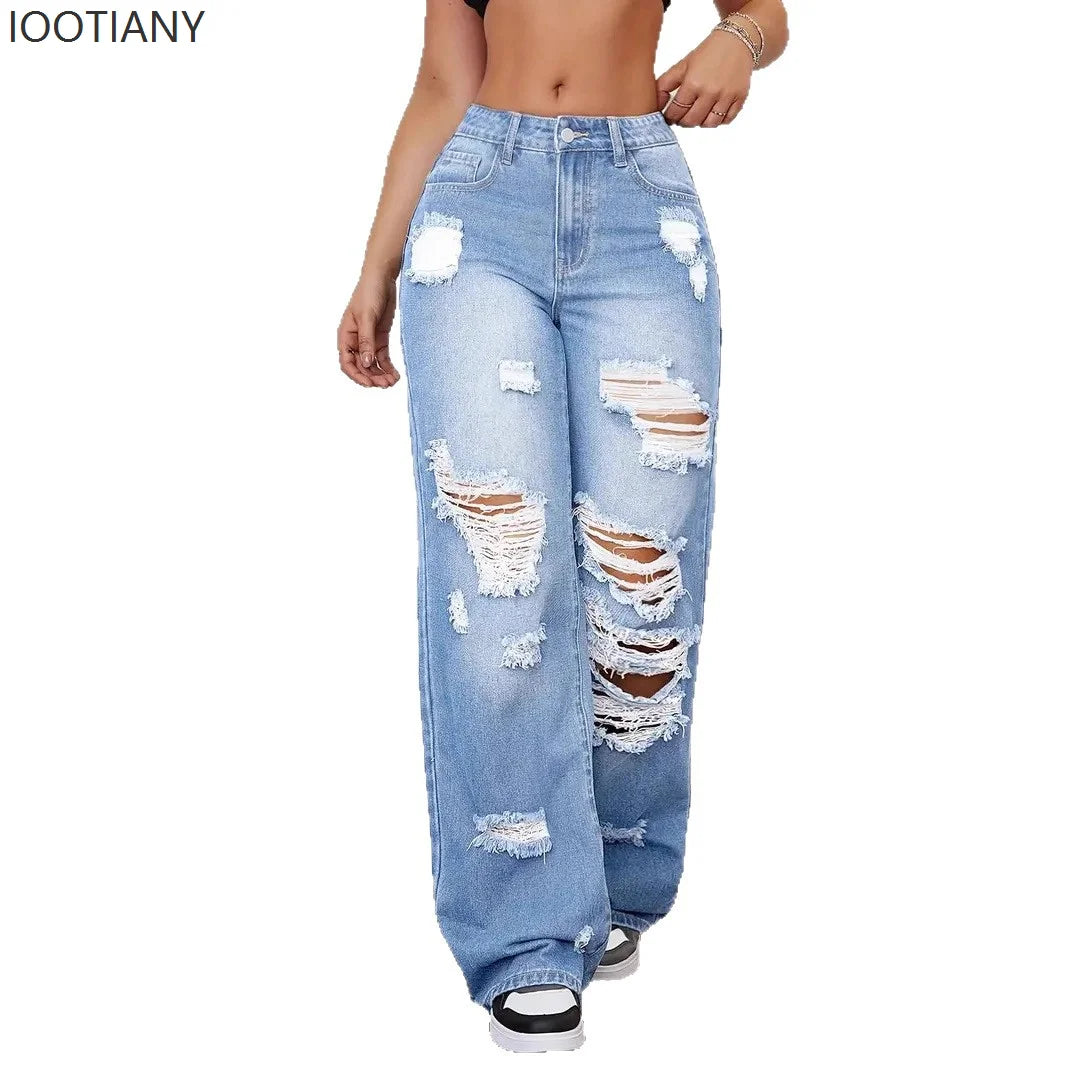 Women's Distressed Wide Leg Jeans | High Waist Denim