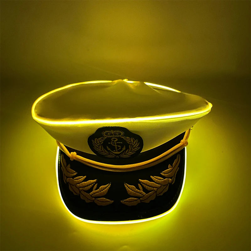 New Luminous White Sailor Captain Yacht Caps Wheat Embroidery LED Glow Navy Marine Hat Men Women Cosplay Halloween Costume Hats