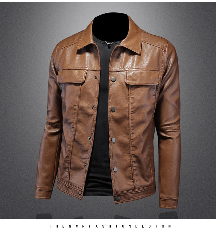 2024 Autumn and Winter New Men's Fashion Handsome with Solid Color Boutique Lapel Motorcycle Leather Coat Slim Fashion  M-5XL