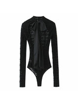 Women 2025 Autumn New Lace Bodysuit Women's Bodysuit Black Cutwork O-Neck Long Sleeves Bodysuits+Splicing Mini Skirt Suit