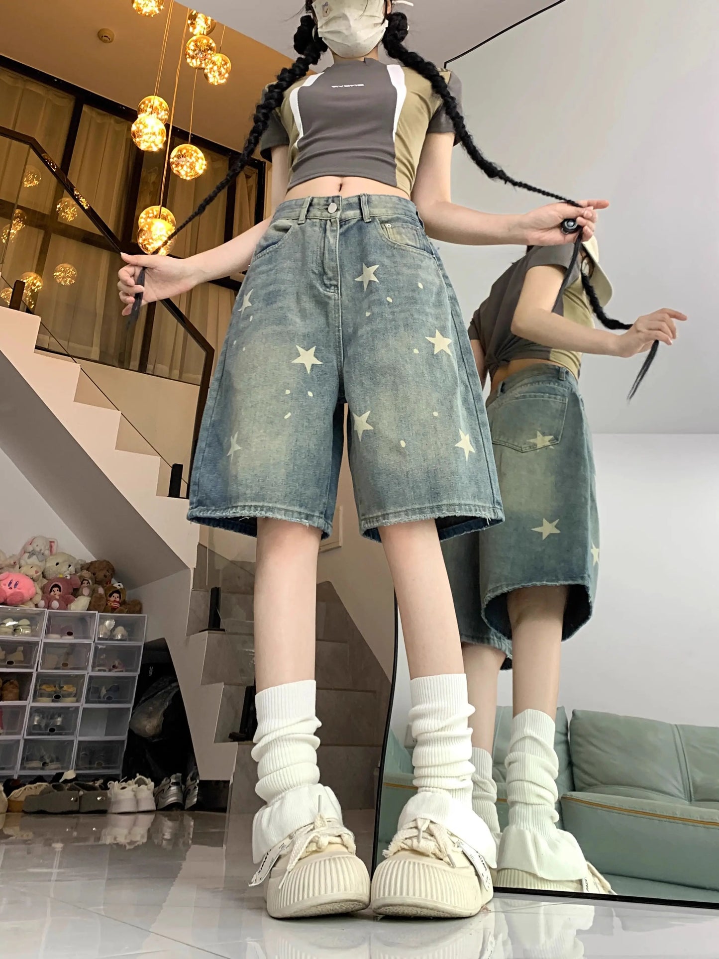 Floral Wide-Leg Women's Jeans – Retro Star Print