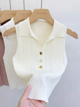 Summer Turn Down Collar Gold Button Slim Knitted Sweater Vests Elegant Knitwear Tank Tops BSTFSC-m1948