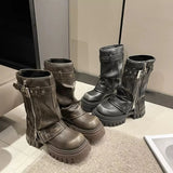 Women's Biker Boots – Belt Buckle Platform Mid-Calf