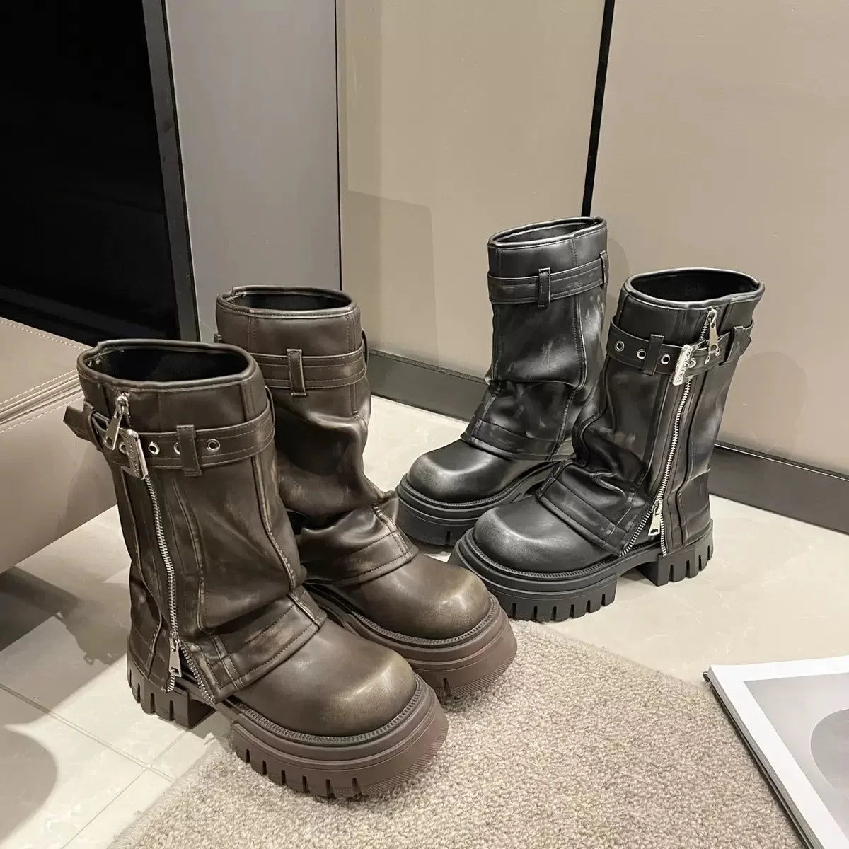 Women's Biker Boots – Belt Buckle Platform Mid-Calf