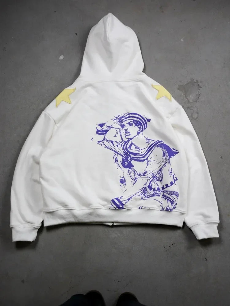 Women Shahzad Clothing Joestar Style Zip Hoodies Men JoJo Light Blue Star Tusk Print Oversized Embroidery Couple Sweatshirt Tops
