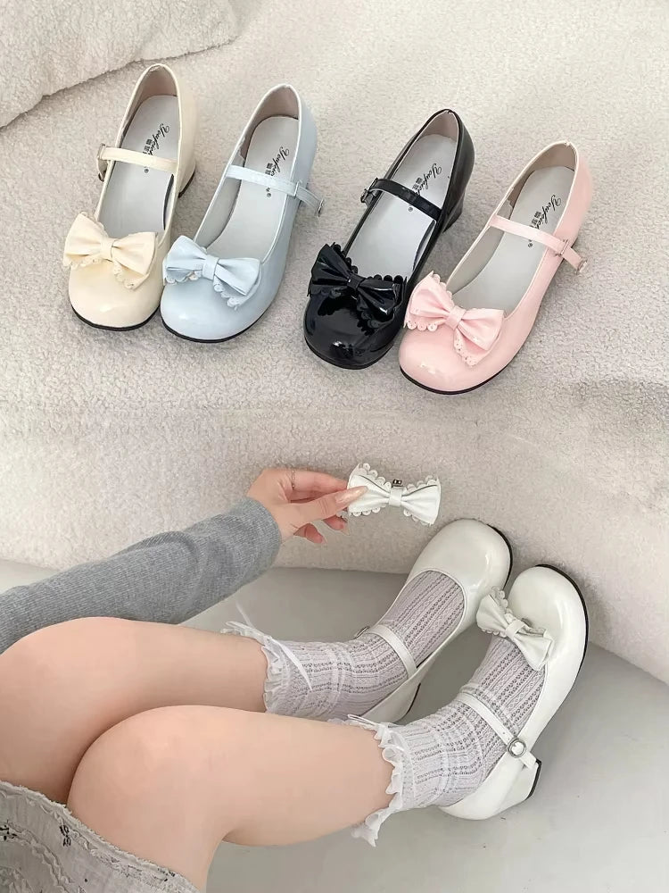 Cute Butterfly-knot Women Lolita Mary Jane Shoes Concise Thick Heel Leather Shoes Ladies Shallow Pumps