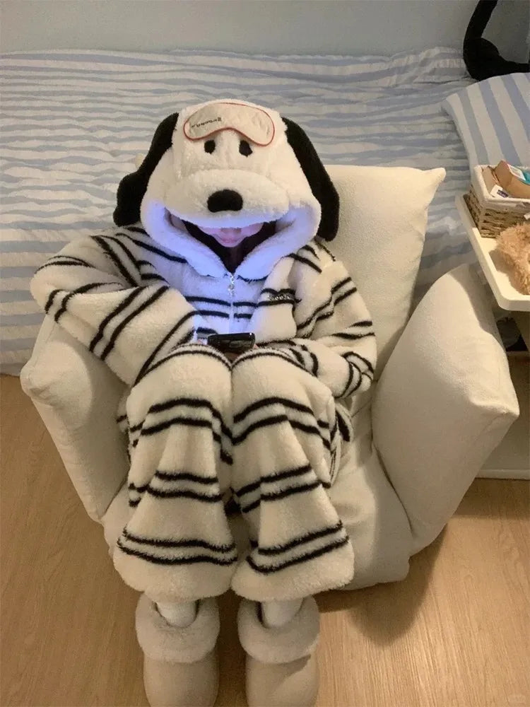 Cute Girl Cartoon Puppy Hooded Coral Fleece Pajamas Set Women's Winter New Thickened Large Size Loungewear Pajamas for Women